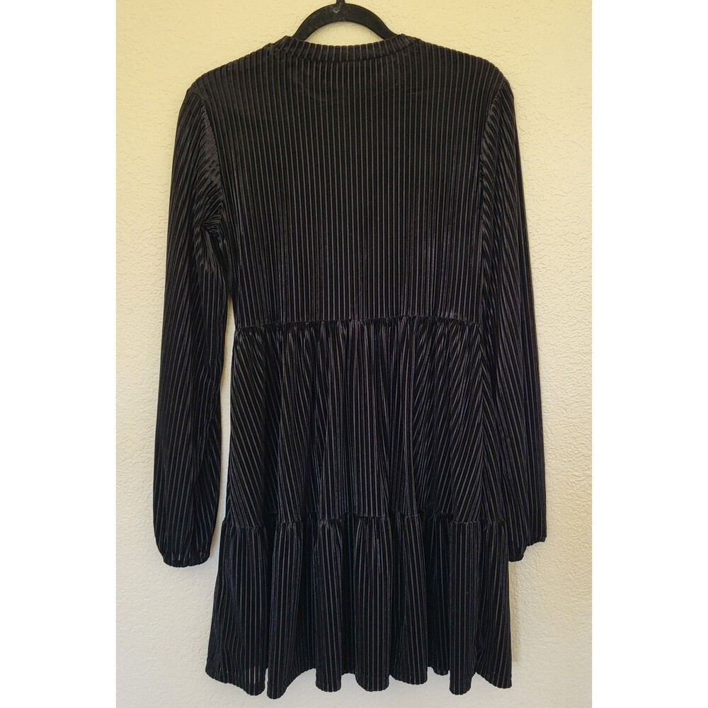 Womens Rib Velvet Dress Size L 8 Black Shein Long Sleeve Crew Neck Cinch Waist - Picture 2 of 9
